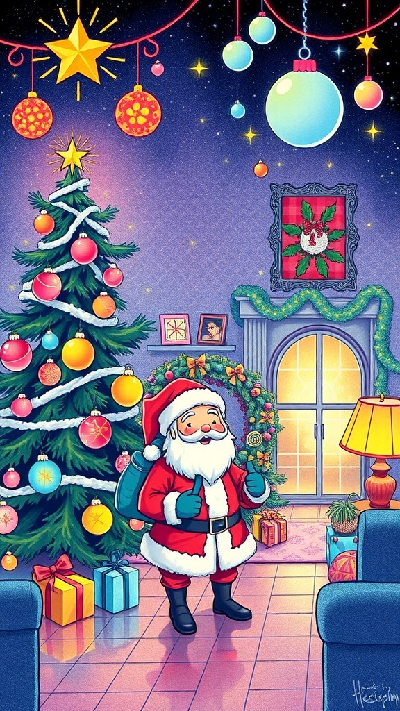 A collage of 80s Christmas drawings showcasing a retro tree, Santa, and holiday scenes.
